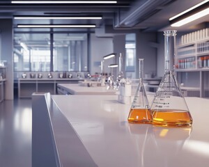 modern laboratory, scientific research, chemical or pharma industry. flasks with various liquids