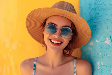 Tropical vibes - vibrant summer fashion model, stylish woman wearing sunglasses and a summer hat, posing in front of yellow and teal stone wall