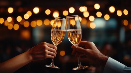 Cheers with two glasses of sparkling wine against a festive background.