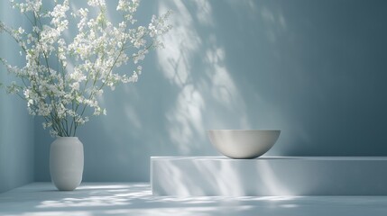 Poster - Minimalist interior scene with a bowl on an elegant podium, featuring subtle floral arrangements and soft natural lighting