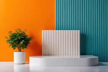Poster - Stylish interior setup featuring a vibrant orange and teal wall with minimalist decorations and a lush green plant. Generative AI