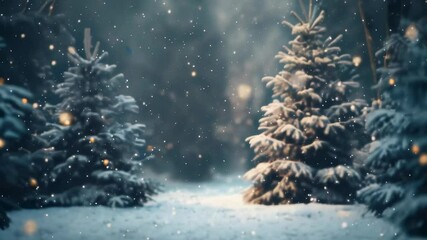 Poster - Snow gently falls on christmas trees with twinkling lights in a magical winter forest at night, evoking celebration and magic. Perfect for capturing december's festive spirit and scenic beauty