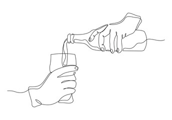 Wall Mural - Continuous single line sketch drawing of hand pouring champagne wine liquor from bottle to glass one line art vector illustration