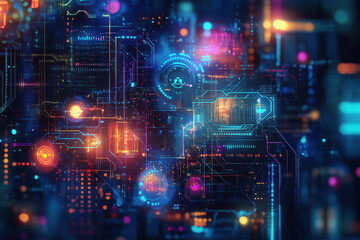 Poster - A vibrant digital landscape showcasing intricate circuits and glowing elements in an abstract representation of technology. Generative AI