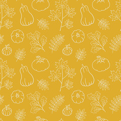 Wall Mural - Thanksgiving seamless pattern design with pumpkins and fall leaves. Graphic background with autumn line art elements. Hand drawn Harvest illustration. Doodle wallpaper art.