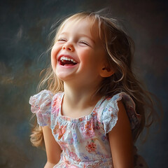 a lovely little girl is laughing on dark background