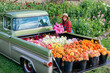 © Connect Images - A woman smiles behind a vintage truck loaded with vibrant flowers in a lush garden.