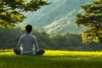 Person meditating in serene green environment