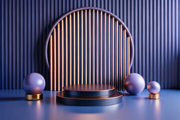 Poster - Modern exhibition space with circular backdrop and stylish orb decorations perfect for creative showcases and presentations. Generative AI
