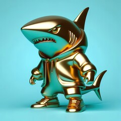 Wall Mural - a cool and hip gold shinny metallic futuristic shark character