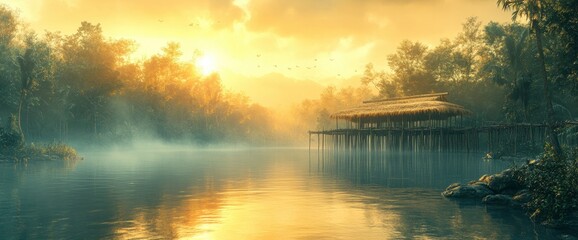 Misty Sunrise Over a River with a Wooden Hut