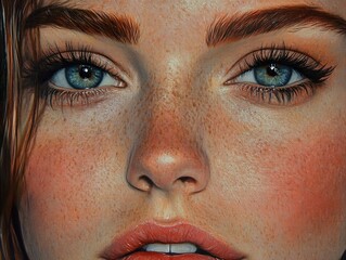 Wall Mural - Hyperrealistic Portrait of a Woman with Blue Eyes and Freckles