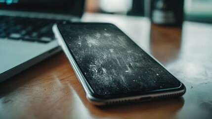 Poster - A smartphone resting on a wooden surface, showcasing a smudged screen and a laptop nearby.