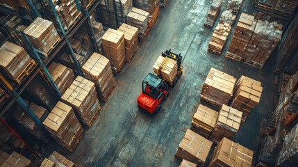 Aerial view of a warehouse with a forklift moving boxes.