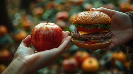 One hand holding apple fruit, other holding hamburger. Healthy natural organic fresh vegetarian food vs unhealthy processed fast junk food meat.