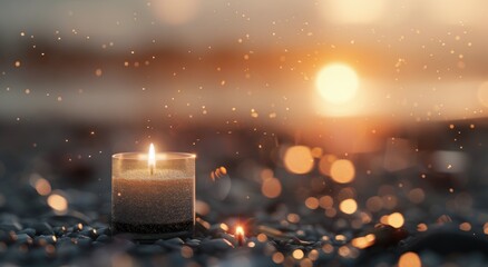 Wall Mural - White Candle Lit at Dusk on a Calm Shore With Glowing Sunset Background