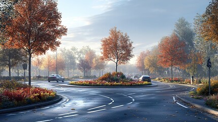 Poster - Autumn Road: Scenic Roundabout with Colorful Trees