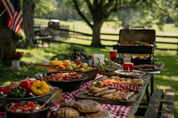 Wall Mural - A table full of food with a red and white tablecloth and a red, generative ai image