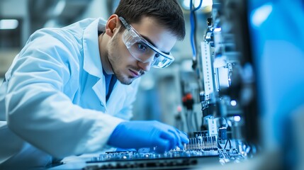 Poster - a technician carefully assembles electronic components in a laboratory during a daytime project focu