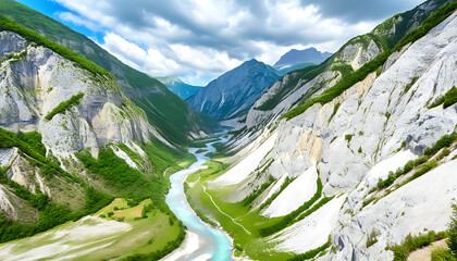 Wall Mural - Spectacular scenery of Albanian Alps, with canyons, valleys, peaks, and green meadows.