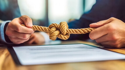 Businessmen holding knotted rope above contract