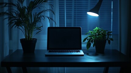 Wall Mural - Moody nighttime workspace with open laptop illuminated by desk lamp, flanked by potted plants, creating a serene and productive atmosphere.