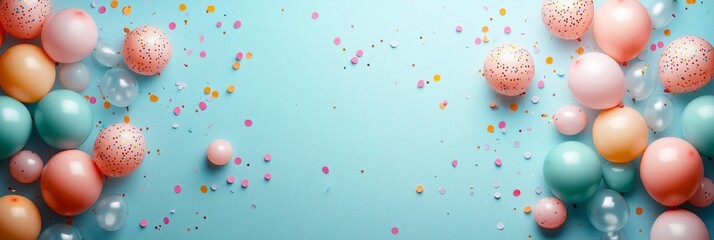 A frame of pastel-colored balloons and confetti on an aquamarine background, creating a festive atmosphere for celebration or special event