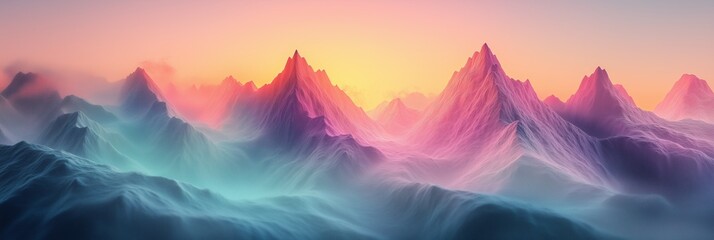 Poster - Abstract digital art of mountains, rendered in geometric shapes and colors. The background is a gradient from light to dark with a focus on the peaks that form an intricate pattern
