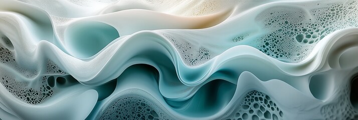 Poster - Abstract wavy shapes in white and teal, organic shapes, flowing lines, natural forms, layered surfaces, detailed foliage, marble effect