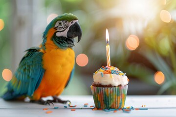 Colorful Parrot Celebrates Birthday With Cupcake and Candle