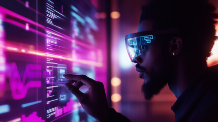 Poster - a woman wearing futuristic augmented reality glasses examines glowing data panels in a modern tech w