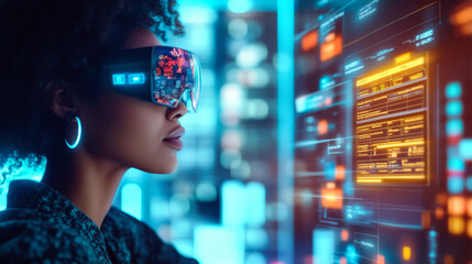 Poster - a woman wearing futuristic augmented reality glasses examines glowing data panels in a modern tech w