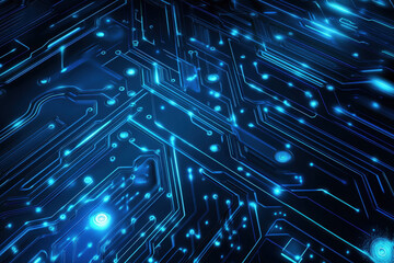 Poster - Vibrant blue circuit board design highlighting intricate patterns and glowing details in a digital landscape at night. Generative AI