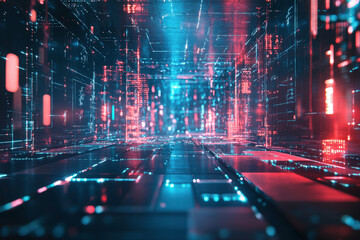 Poster - Explore a vivid digital corridor filled with bright lights and intricate patterns during a futuristic virtual journey. Generative AI