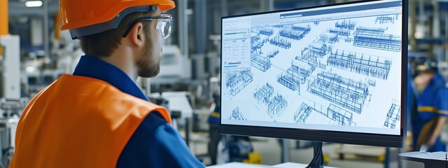 Poster - engineering professional analyzing structural designs on a computer screen in an industrial workspac