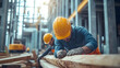 © john - concept occupational risk management in industryworkplace safetysenior help young man worker that small log is being fallen near hit his headengineer team working in the building under : Generative AI