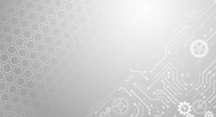 Poster - Wide High-tech circuit board and hexagons design. Innovation concept. Abstract futuristic communication vector illustration. Sci fi technology on the grey background.
