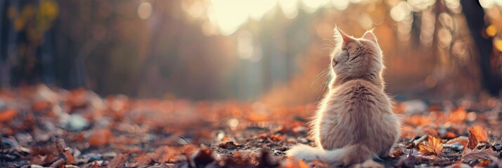 Poster - Cute Tabby Cat Sitting on a Fence Surrounded by Colorful Autumn Leaves at Sunset