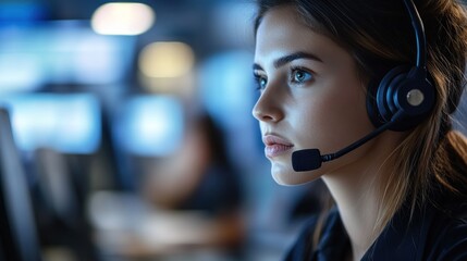 Poster - A focused woman wearing a headset, engaged in a professional work environment.
