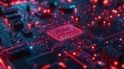 Poster - Digital data streams moving across a circuit board, showcasing abstract high-tech processing and artificial intelligence.