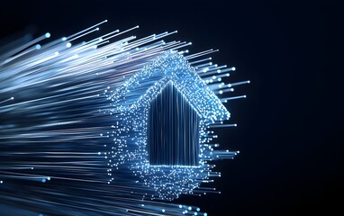 Wall Mural - Blue fiber optic cables converging into a house symbol, glowing light particles, concept of home internet connectivity and fast data transfer, futuristic tech