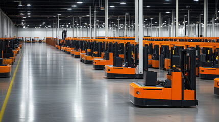 Poster - industrial warehouse interior with numerous orange electric forklifts lined up for efficient logisti