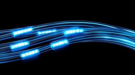 Curved fiber optic cables glowing in neon blue, dynamic arc formation against a dark background, concept of data transfer and digital communication