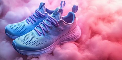 Pastel blue running shoes with purple accents resting on vibrant smoke background