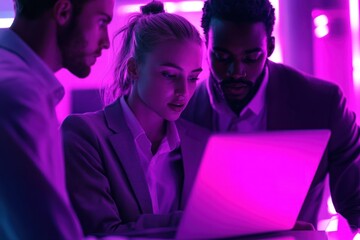 Diverse team collaborating on laptop, purple neon