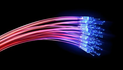 Glowing fiber optic strands radiating from a cable, vibrant light particles scattering, representing fast data transfer and high-speed internet technology