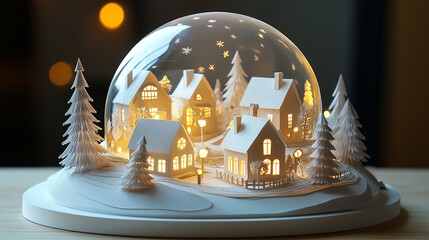 Paper-cut snow globe, with a miniature Christmas village inside, complete with snow-covered trees, houses, and a tiny Christmas tree, Generative AI