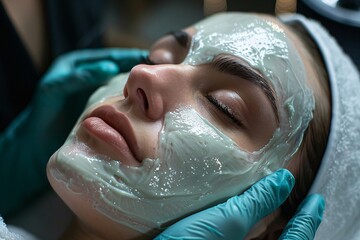 A woman enjoys a soothing facial treatment, with green clay mask applied to her face. A technician gently massages her temples, creating a tranquil spa atmosphere