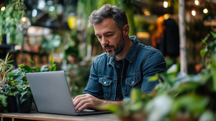 A focused man working on a laptop in a vibrant greenhouse filled with lush plants during the bright afternoon light