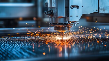 Poster - laser cutting process in a manufacturing facility at night, showcasing sparks and precision on metal
